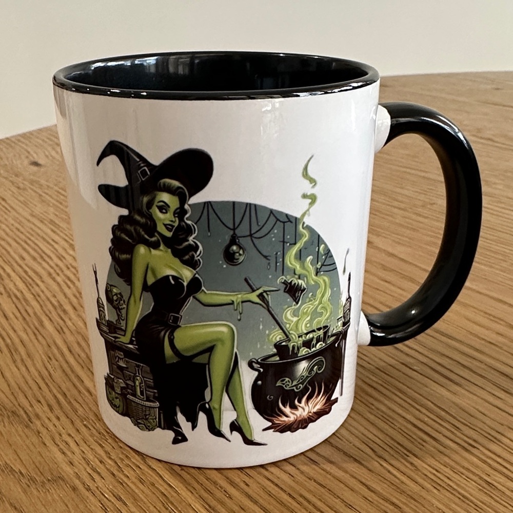 Green Witch Ceramic Coffee Mug with Black Interior and Handle